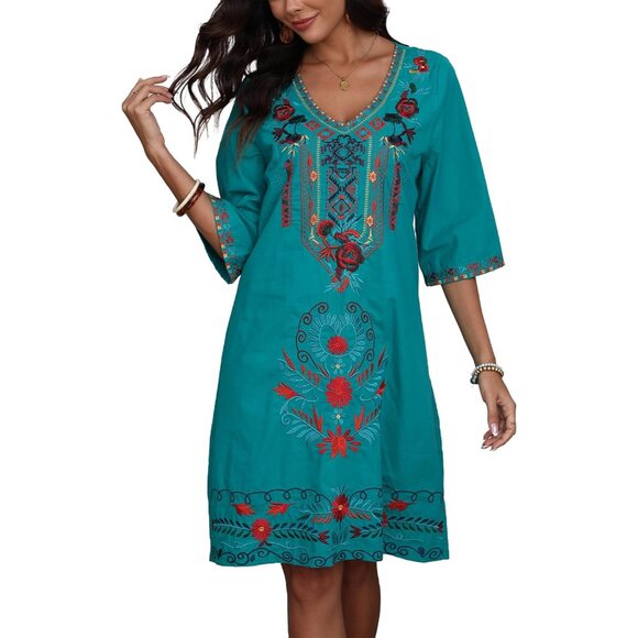 Women's Plus Size Cotton Mexican Fiesta Embroidered Dress Boho Casual - Picture 1 of 6